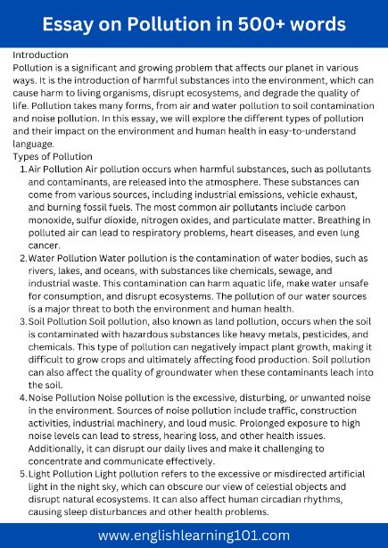 Essay on pollution in English